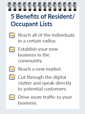 Resident/occupant mailing lists offer plenty of benefits for any marketing strategy. 